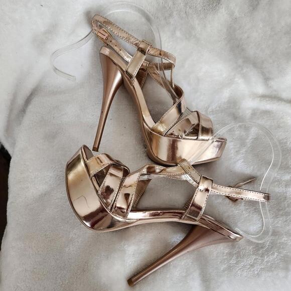 Gold Strappy Platform Stilettos, Women's 6 - Picture 5 of 8
